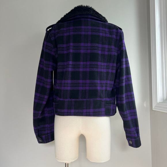 Y2k aeropostale purple and black plaid jacket with removable faux fur collar - Picture 2 of 4